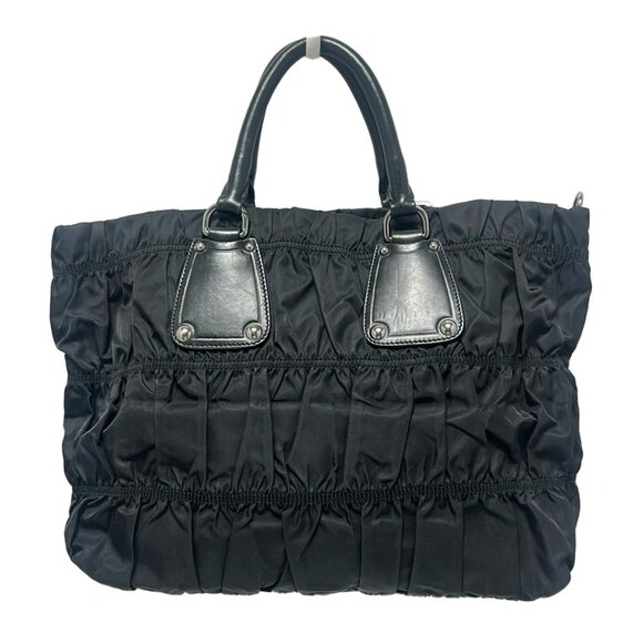 PRADA Gathered Bag - Black Nylon Leather Tote Bag 431-052125 - Picture 2 of 10